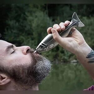 Bass Shaped Stainless Steel 5 oz Fish Whiskey Hip Flask NWT